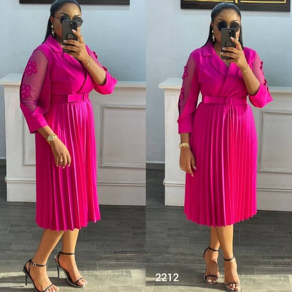 Women's Pleated Midi Dress with Floral Detail & Belt – Size S, M, L, XL - Picture 1 of 5
